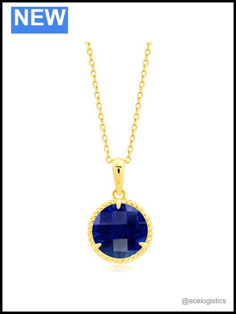14k Yellow Gold Created Blue Sapphire Pendant Necklace 8mm Solitaire Birthstone